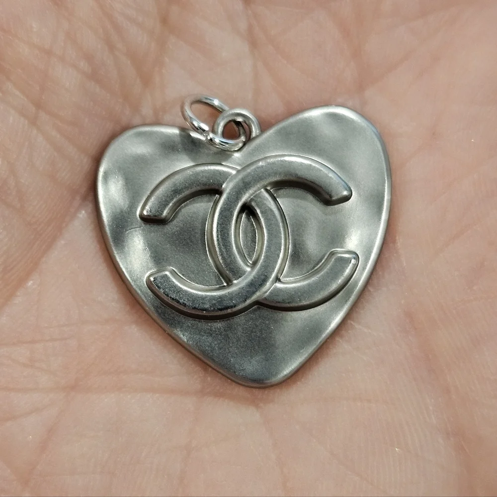 CHANEL Silver Heart CC Logo Pendant Charm